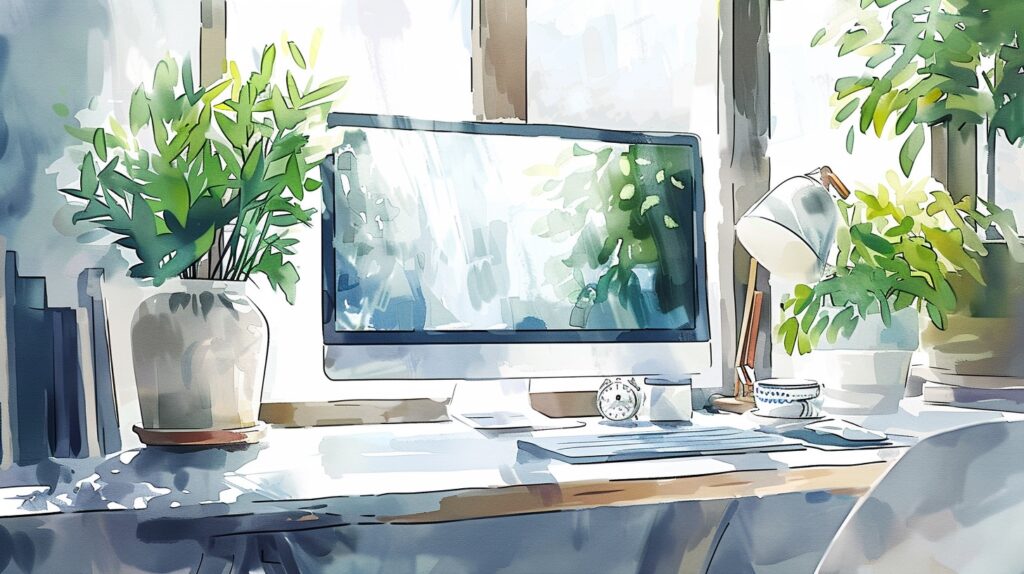 A watercolor painting of a computer on a desk in a home office. It's reading for your copywriting skills!