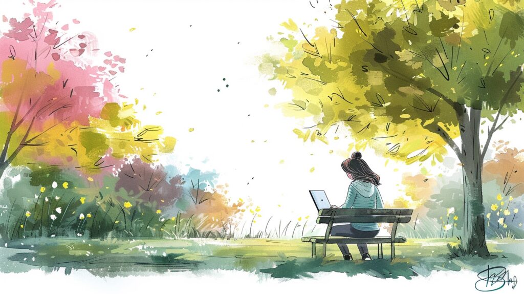 A woman sits on a bench in a park with her laptop ready to learn copywriting.