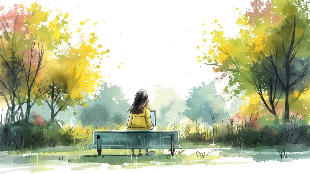 A woman writes on her laptop while sitting on a bench in a park. the hero's journey