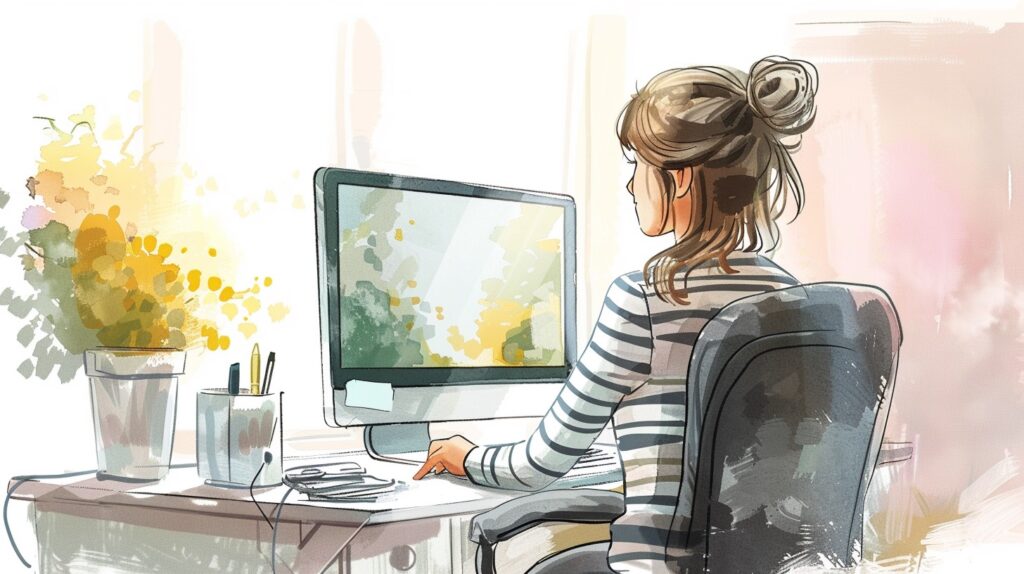 A woman sits at her desk in her home office working on copywriting targeting. 